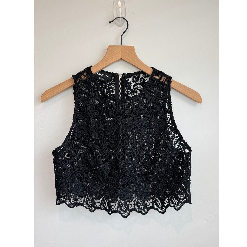 Bebe Black Lace Crop Top Size S/P Sleeveless Zip Back